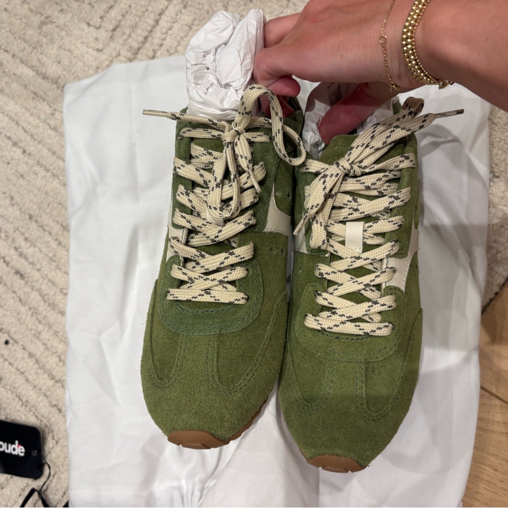 Larroude Stella Suede Sneakers in Seaweed Suede and Ivory Leather - Picture 8 of 11